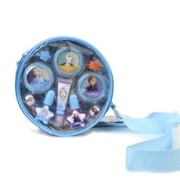 Borsetta rotonda in PVC Frozen II con 6 Illuminanti, 4 Lucidalabbra, 2 Smalti, 2 Anelli e 2 Mollette per capelli